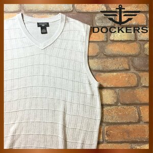 ME8-473★良品&USA仕入れ★正規品★【DOCKERS ドッカーズ】格子柄 Vネック ニットベスト【メンズ L】アイボリー アクリルニット 薄手