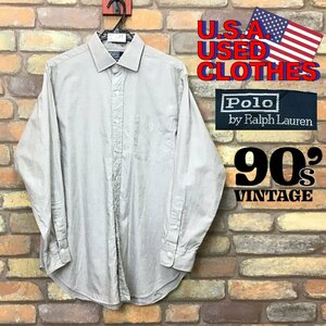 ME9-201★90's VINTAGE★USA買付品★【Polo by Ralph Lauren】PHILIP 長袖シャツ【メンズ L】グレージュ 薄手 USA古着 ワイドカラー