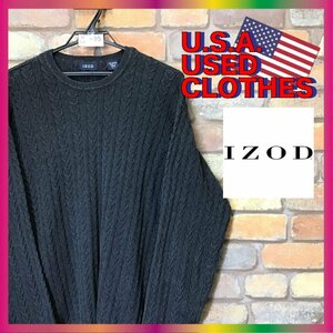 ME6-495★USA買付商品★良品★【IZOD アイゾッド】裾タブ付き ケーブル編み セーター【メンズ L】チャコールグレー ニット ラコステ US古着