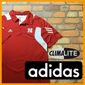 ME10-691★USA限定★吸湿速乾★赤×白【adidas アディダス】CLIMALITE メッシュ切替 カレッジ ポロシャツ【メンズ L】半袖 古着 スポーツ