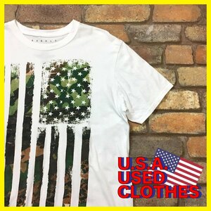 ME11-019★アメリカ買付商品★【REBELS & NOMADS】ホワイト ミッチェルカモ星条旗 半袖 Tシャツ【メンズ L】USA古着 プリント アメカジ