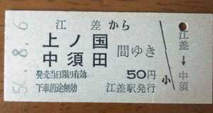 ◆江差線（廃止路線）　江差から上ノ国・中須田間　B型硬券乗車券　※青地紋