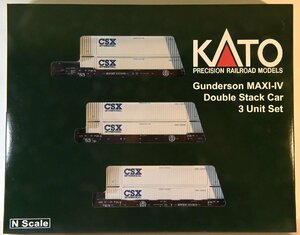 亜鉄社☆新品★ホビセンKATO、106-6186、Gunderson MAXI-IV Double Stack Car、BNSF 旧ロゴ CSX（白）コンテナ搭載 連接貨車3輌