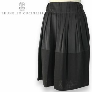 k301 Brunello Cucinelli Brunello Cucinelli skirt pleat flair skirt wool 100% silk satin Brown 38 Italy made regular goods 
