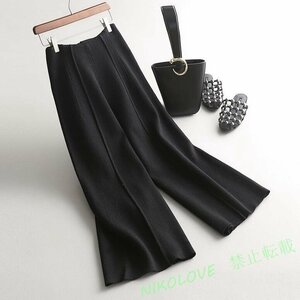 ☆上品パンツレディース　20代30代40代 極美品 通勤 ニット素材 ウール混 ウエストゴム black LL217