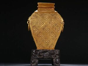 古びた蔵『清 光緒年製 古銅彫 塗金獣耳扁瓶』極細工 置物 擺件 古賞物 古美術 中国古玩