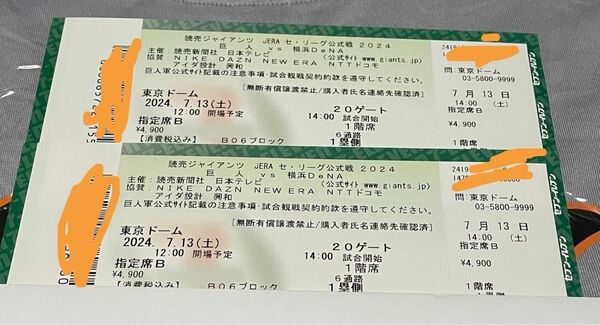 2024 7/13(土) 巨人-DeNA 東京ドーム　チケット　指定席B連番2枚