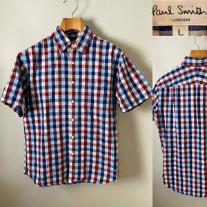 ★【送料無料 日本製】Paul Smith LONDON（ポールスミス ロンドン）大き目のギンガムチェック柄 ポケット シャツ 半袖 L ネイビー レッド系