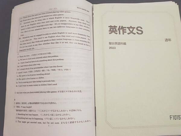 駿台　23年度通期　武富先生　最新版　英作文S　テキスト・プリント　上位クラス　　河合塾　駿台　鉄緑会　Z会　東大　英語