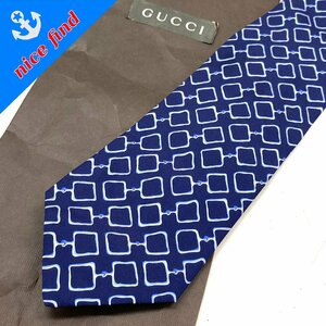 ◆グッチ GUCCI◆ホースビット柄 ネクタイ 総柄 GG柄 ネイビー系 シルク100％ 紙袋付き メンズ ビジネス 服飾小物