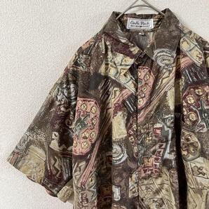 J2シルクシャツ 半袖 総柄 アートデザイン ゆったりMメンズ