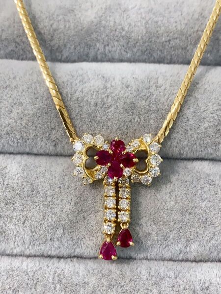 k18天然ルビーダイヤモンドネックレス リボンモチーフ ゴールド ネックレス