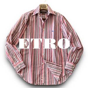 B18 極美品 名品！定価5万 XLぐらい 40『エトロ ETRO』イタリアンリネン コットン マルチカラー ストライプ 長袖 シャツ 鮮やかな色合い！