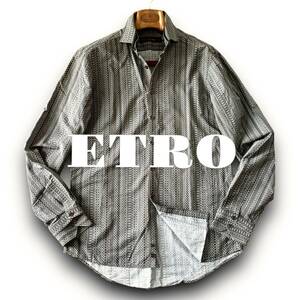 B13 美品 レトロデザイン！ 定価5万 Lぐらい 40『エトロ ETRO』イタリアンコットン 総柄 幾何学レトロ模様 長袖 シャツ 鮮やか！ブラウン