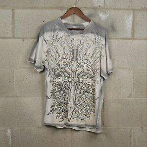 Vintage Y2K Helix T-Shirt Affliction AOP Skulls Crosses MMA Elite White L 海外 即決