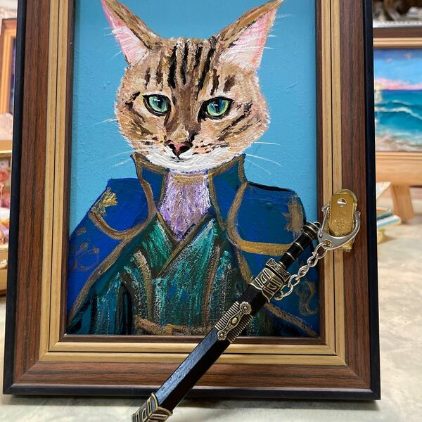猫騎士　剣付きアクリル画