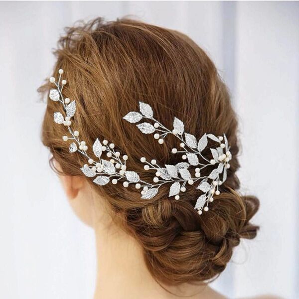 結婚式 ヘッドドレス ヘアアクセサリー ウェディング パール 髪飾り シルバー ブライダル 発表会　銀　リーフ