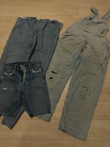  Denim Hickory Vintage stripe overall 40s remake material leather patch 501xx Junk repair parts is gire