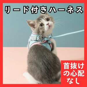 3 リード付きハーネス　Mサイズ　ピンク ブルー　猫　犬　ペット　首抜けしない　インポート　反射　かわいい　お出かけ　アウトドア