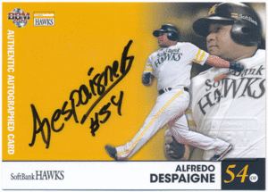 BBM 2020 福岡ソフトバンクホークス デスパイネ Alfredo Despaigne 直筆サインカード 54/55 Authentic Autographed Card ジャージナンバー