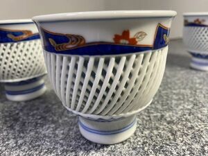 有田焼 琴峰 網目透かし 湯呑 5客セット 茶道具 煎茶道具 和食器 陶器 陶磁器 蔵出し