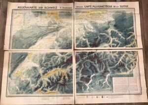 【古地図】Regenkarte der Schweiz 1/200,000 Geograph.Kartenverlag Bern. スイスの降雨量地図　4枚1組