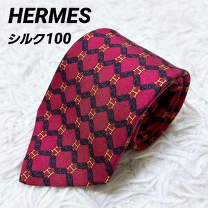  прекрасный товар *HERMES Hermes шелк ( шелк )100% галстук she-n Dunk ru рисунок × H рисунок красный красный 