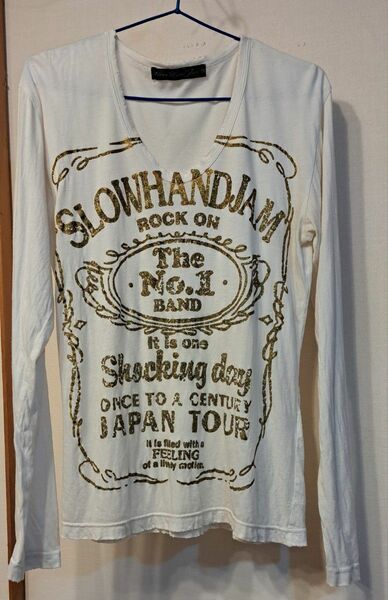 ゴールドラメ 長袖 Tシャツ カットソー プリントロゴ.ダメージシャツ ホワイト系　古着