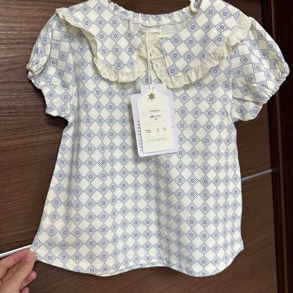 半袖 女の子 キッズ Tシャツ100 水色 レース バースデイ 新品 ブラウス