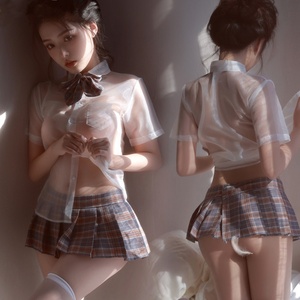 ML616GR　セクシーランジェリー　透け透け　学生制服「トップス・ミニスカート・リボン・Tバック4点セット」ベビードール　コスプレ衣装