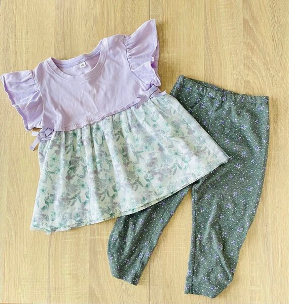 パープル 小花柄 チュールトップス レギンス セット