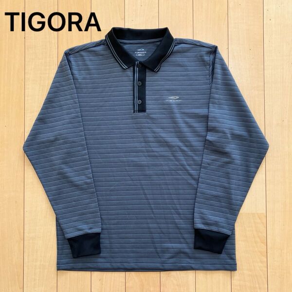 TIGORA ティゴラ 長袖ポロシャツ ボーダー グレー Lサイズ