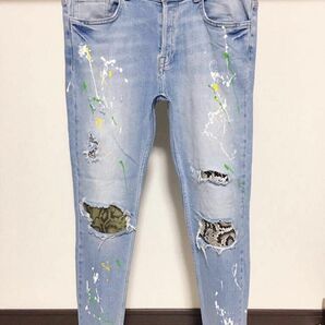 春夏カラー ペイント ZARA MAN ヘビ柄 ダメージ デニム 42 32 メンズ スキニー ストレッチ ジーンズ パンツ