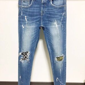 柔らかめ ペイント ZARA MAN ストレッチ ヒョウ柄 ヘビ柄 デニム 38 ダメージ メンズ スキニー ジーンズ パンツ