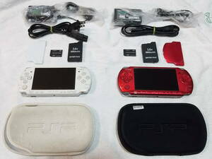 PSP-3000　PSP-2000　液晶画面は、完全にキズ無し　バッテリー2個　比較的美品と使用感あり中古　レッド　ホワイト　2台セット　12点セット