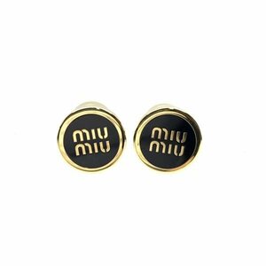 MIU MIU ミュウミュウ ラウンド ロゴ ピアス スタッド 黒 金色 ブラック ゴールド アクセサリー ジュエリー レディース 管理RY24001664