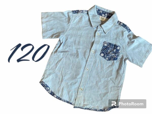 120 男の子　シャツ　半袖　ブルー　襟付きシャツ