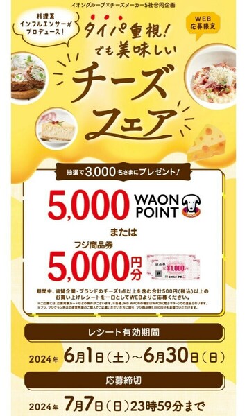 【5口】レシート懸賞 応募 5,000 WAON POINT・3,000名当たる　イオン　チーズフェア　