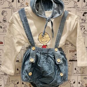 73 くま耳帽子 デニムロンパース デニムパンツ カボチャパンツ 韓国子供服 海外子供服 チャーリーブラウンTシャツ 3点セット