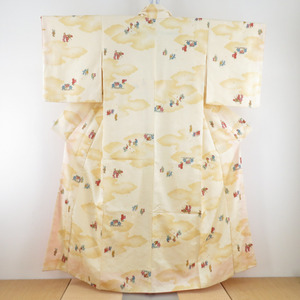 小紋 ポリエステル 袷 広衿 江戸の人物 薄黄色 洗える着物 カジュアル 仕立て上がり 身丈154cm