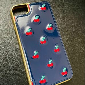iPhone8/7/6s/SE 第二世代　紺色　さくらんぼ刺繍　チェリー　スマホケース　iPhoneケース