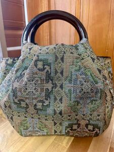 ハンドメイド　大島紬リメイクのまんまる可愛い手提げバッグ　グリーン系