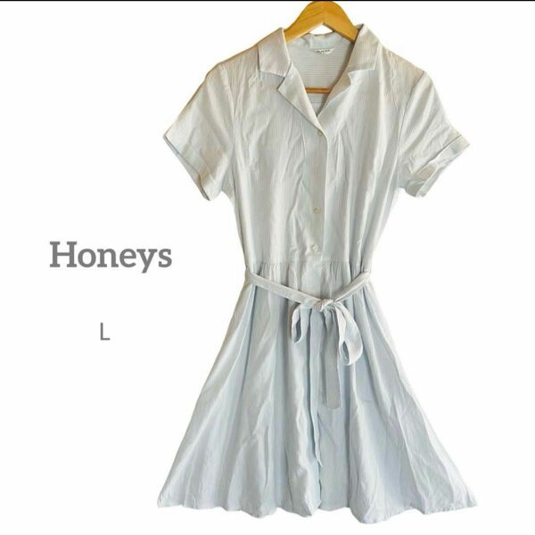 【Honeys】シャツワンピース L ひざ丈 ストライプ 半袖 ウエストベルト 綿 レーヨン 
