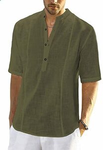 半袖シャツ メンズ 夏 綿麻シャツ 麻シャツ コットンシャツ 開襟 無地 カジュアルシャツ 涼しい 通気性 着心地いいＳ~3XL グリーン
