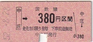 国鉄B型金額式乗車券中庄駅発行S52