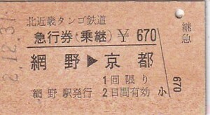 北近畿タンゴA型JR西日本連絡金額式B自由席特急券野田川駅発行未使用H9