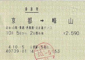 JR西日本85mm磁気式北近畿タンゴ峰山ゆき乗車券京都駅発行H4