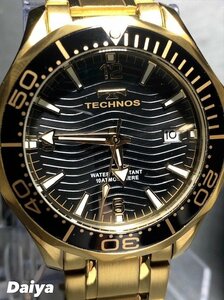  new goods TECHNOS Tecnos wristwatch regular goods analogue wristwatch quarts calendar 10 atmospheric pressure waterproof stainless steel simple Gold black present 