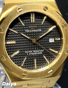  new goods TECHNOS Tecnos wristwatch regular goods analogue wristwatch quarts calendar 5 atmospheric pressure waterproof stainless steel business Gold black present 