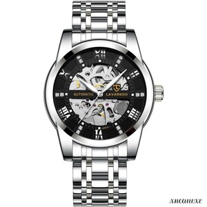 高級感のある 機械式 腕時計 自動巻き スケルトン シルバー×ブラック ステンレス アンティーク メンズ おしゃれ 時計 ビジネス ウォッチ